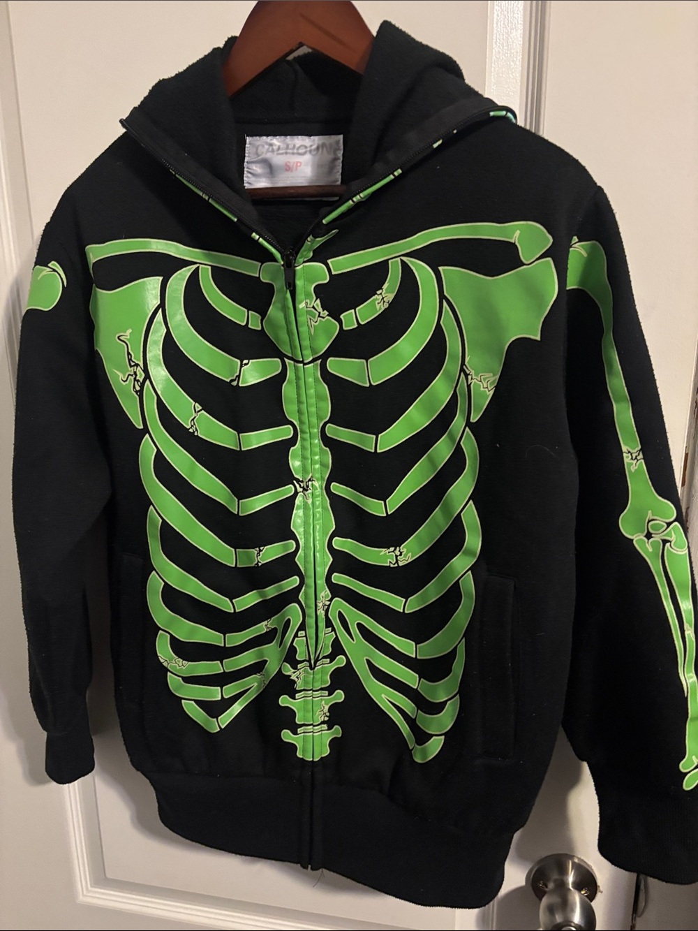 Black Hoodie with Neon Green Skeleton Graphic - Men's Zip-Up Hoodie